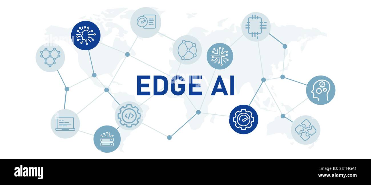 Set di icone ai edge con illustrazione del sistema di connessione in tempo reale programmazione informatica distribuita tecnologia di intelligenza artificiale decentrata Illustrazione Vettoriale