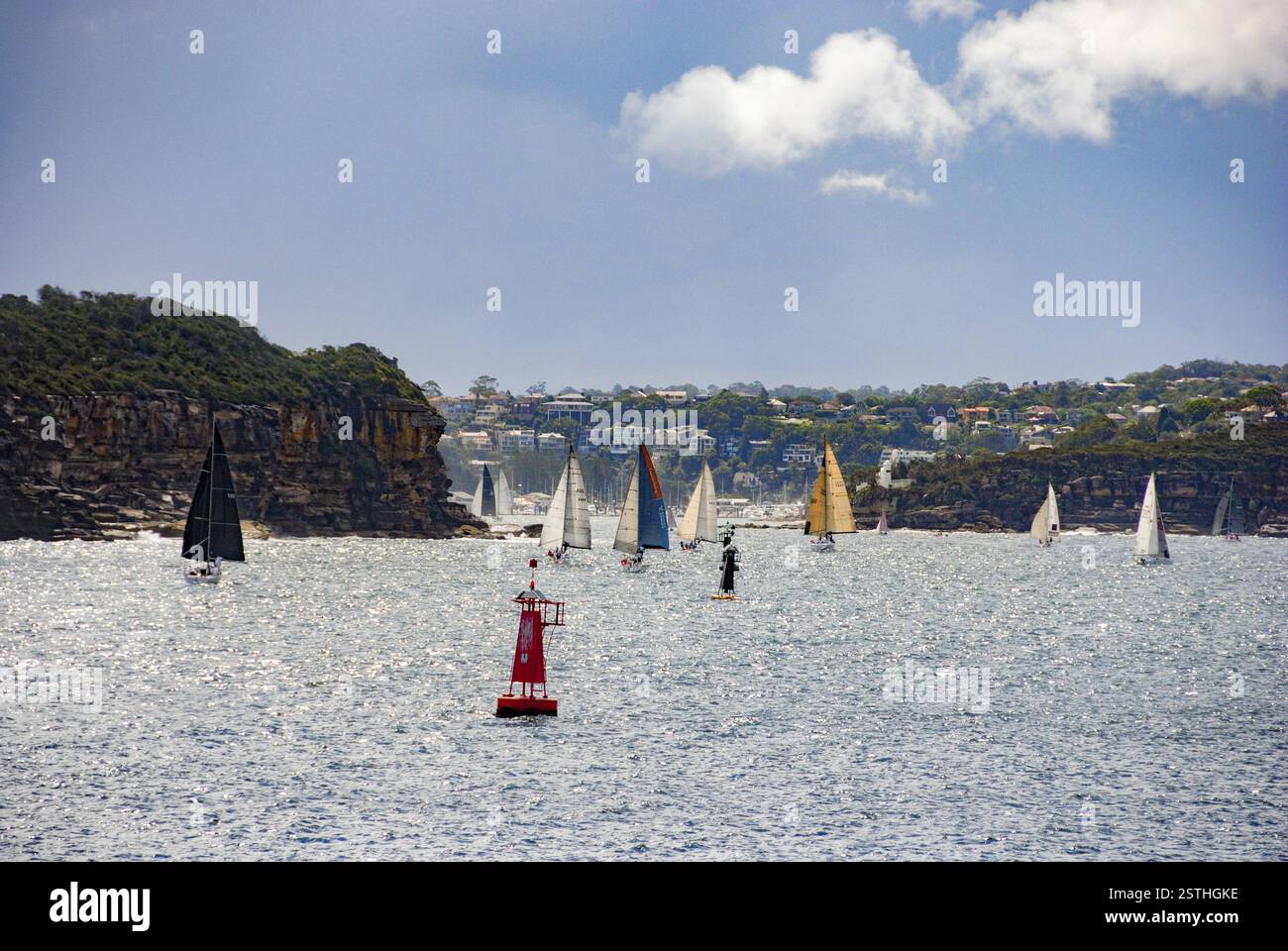 Barche a vela che scivolano attraverso le acque vicino alle scogliere di Sydney Foto Stock