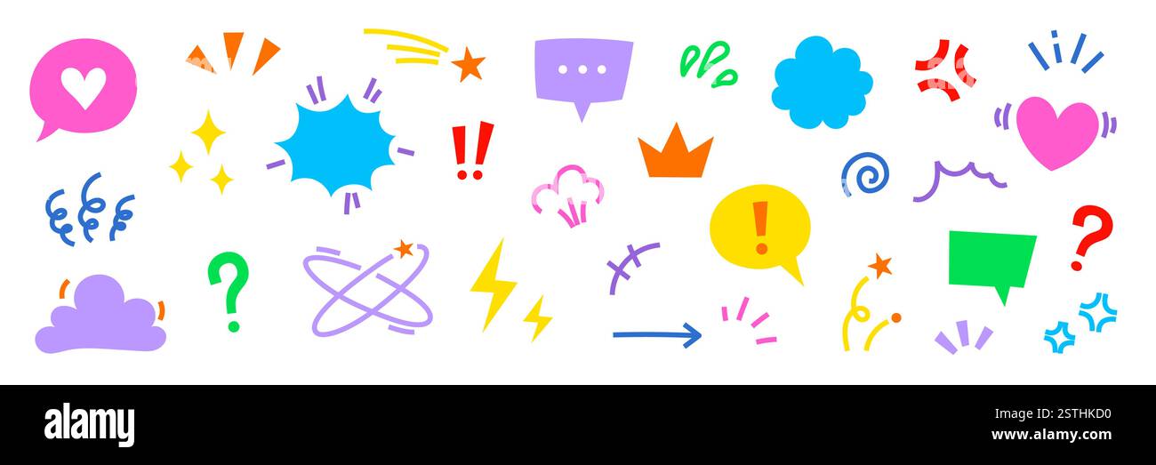 Set di icone di elementi di effetto fumetto fumettistico con fumetti. Fumetto simpatico, emoji, scintilla stellare, icona vettoriale cartoni animati movimento linea. Delinea il cuore di doodle, la freccia, la scintilla divertente. Illustrazione vettoriale Illustrazione Vettoriale