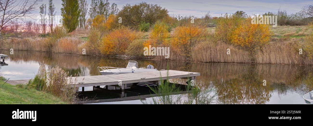 Legno, piattaforma e foresta con lago di natura panoramica, alberi e barche per piccoli ormeggi nella palude o sul fiume. Vuoto, striscione e acqua con ponte in legno o. Foto Stock
