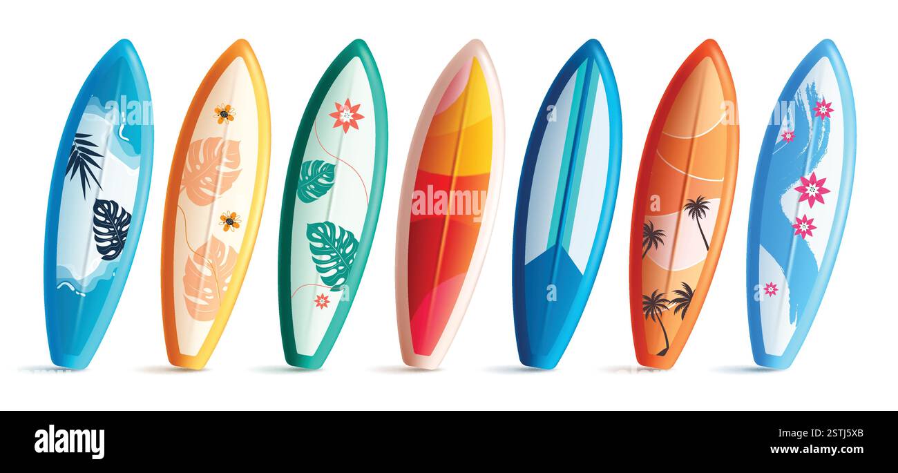 Set clipart elementi tavola da surf estate. Oggetto da surf in una colorata collezione di clip art dal design astratto stampato per le vacanze tropicali in spiaggia Illustrazione Vettoriale