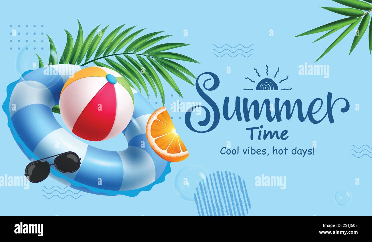 Design banner clipart estate. Testo di saluto estivo su sfondo blu clip art con anello gonfiabile, palla da spiaggia ed elemento tropicale bolle Illustrazione Vettoriale