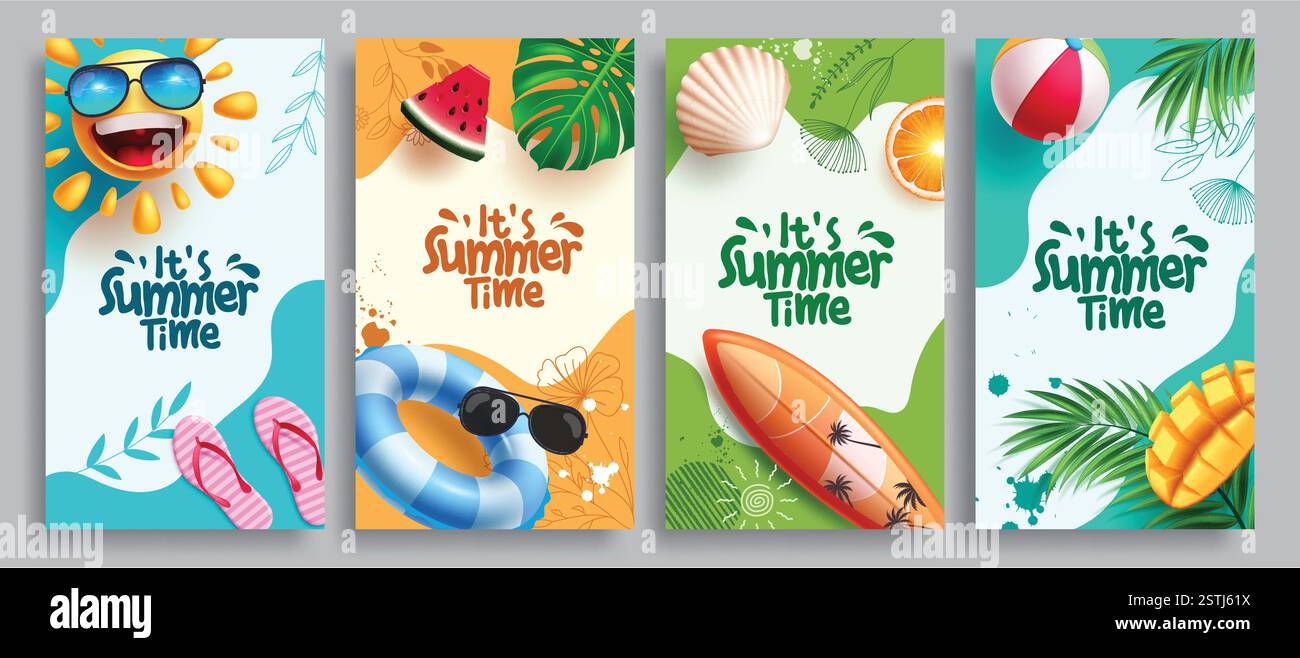 Set di poster clipart dell'ora legale. Saluto estivo in colorate clip art astratte con sole, galleggianti, tavola da surf ed elementi tropicali di mango Illustrazione Vettoriale