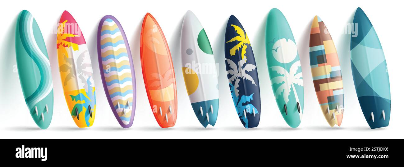 Set clipart elementi tavola da surf estate. Collezione estiva di clip art da surf con motivo colorato stampato per attività sportive in spiaggia tropicale Illustrazione Vettoriale