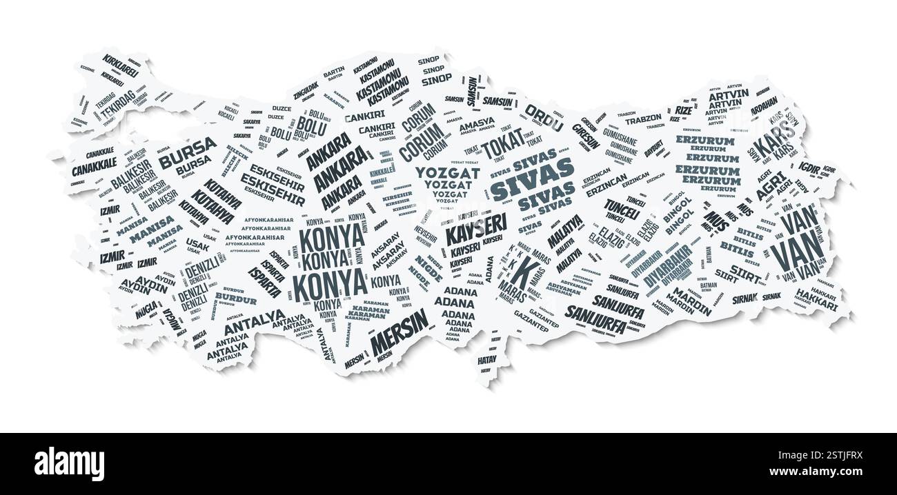 Nuvola di testo a forma di Turchia. Confine del paese con ombra su sfondo bianco. Turchia con divisione regioni in stile vintage gazette. Illustrazione Vettoriale