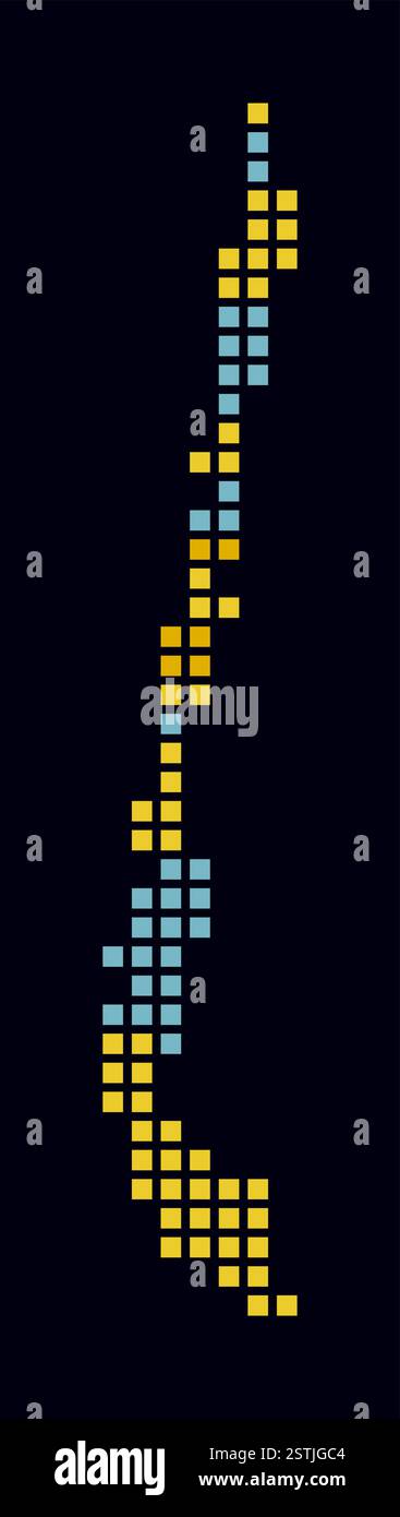 Cartina punteggiata del Cile. Mappa digitale del paese su sfondo scuro. Forma cilena con punti quadrati. Stile puntini colorati. Quadrati di grandi dimensioni. Illustrazione Vettoriale