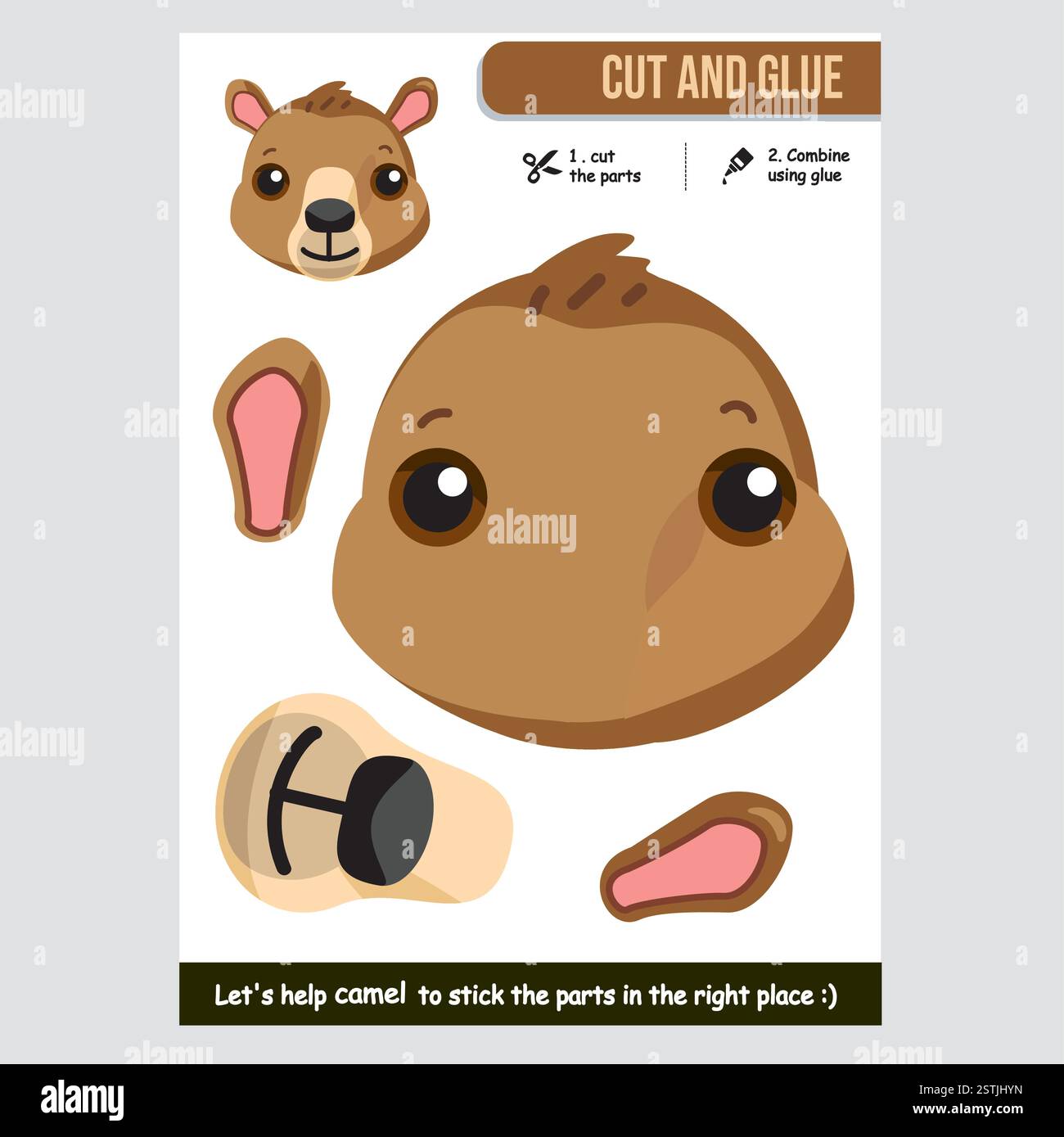 Attività creativa di taglio e incollaggio per bambini con una simpatica illustrazione a dorso di cammello Illustrazione Vettoriale
