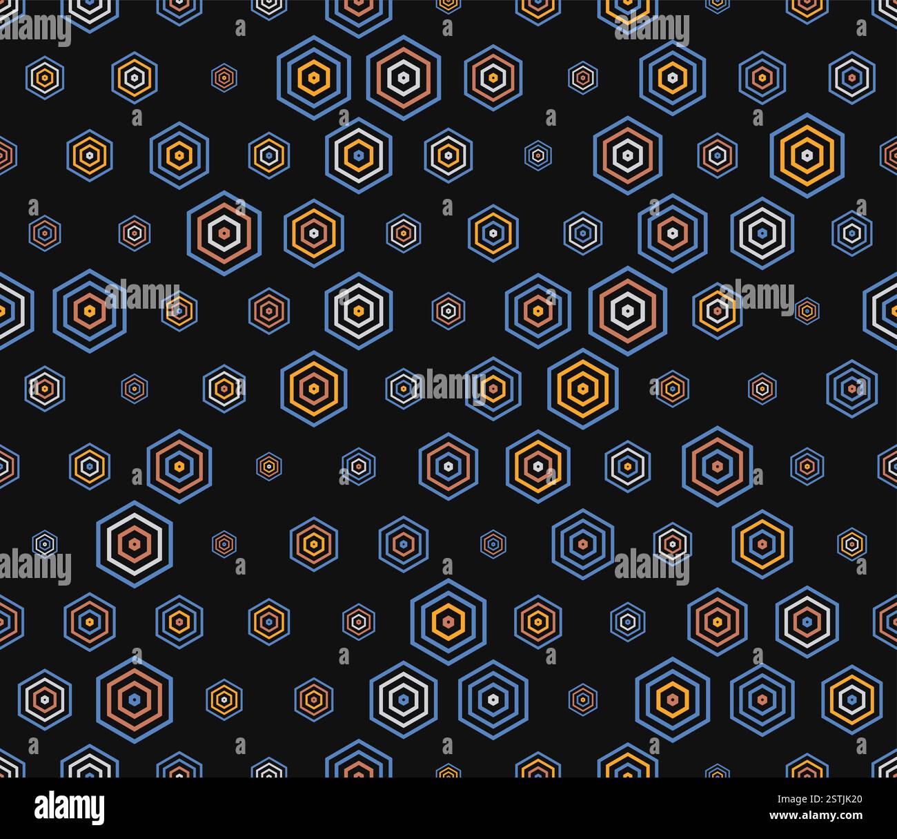 Motivo a mosaico a nido d'ape. Elementi geometrici multicolori di varie dimensioni. Semplice modello di esagoni impilati. Forme esagonali. Design inclinabile. Illustrazione Vettoriale