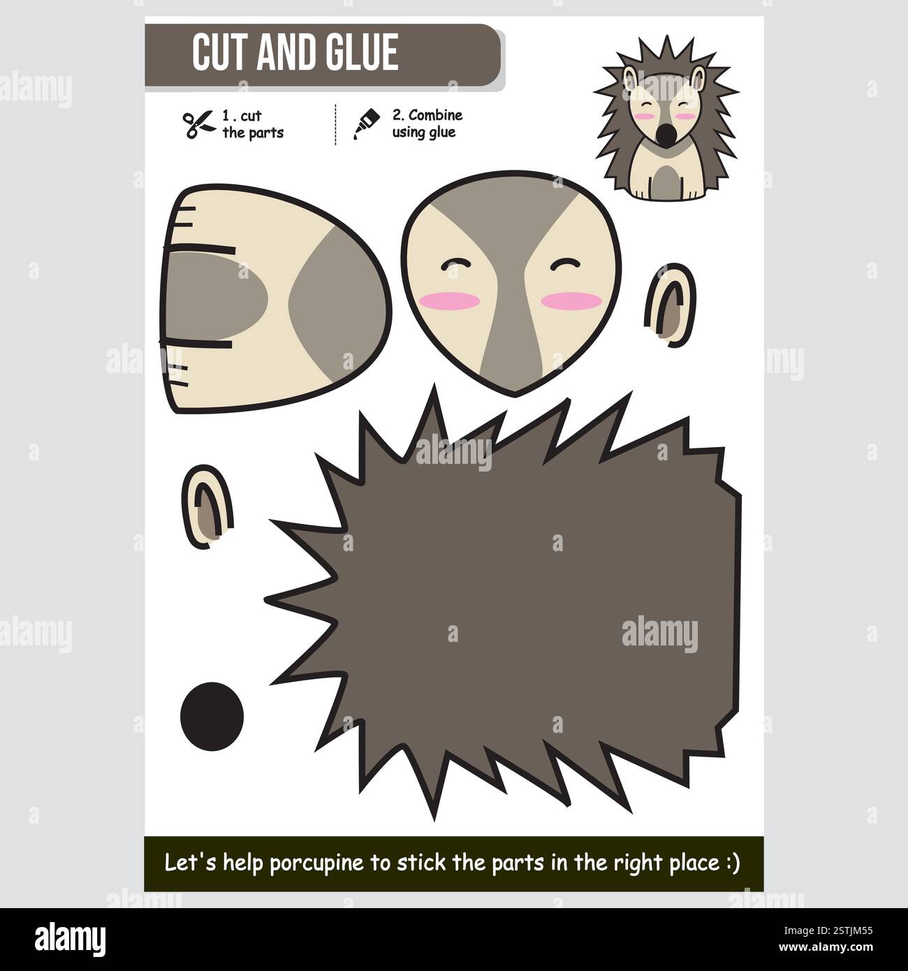 Adorabile illustrazione vettoriale di un simpatico porcospino per un gioco di carta educativo per bambini Illustrazione Vettoriale