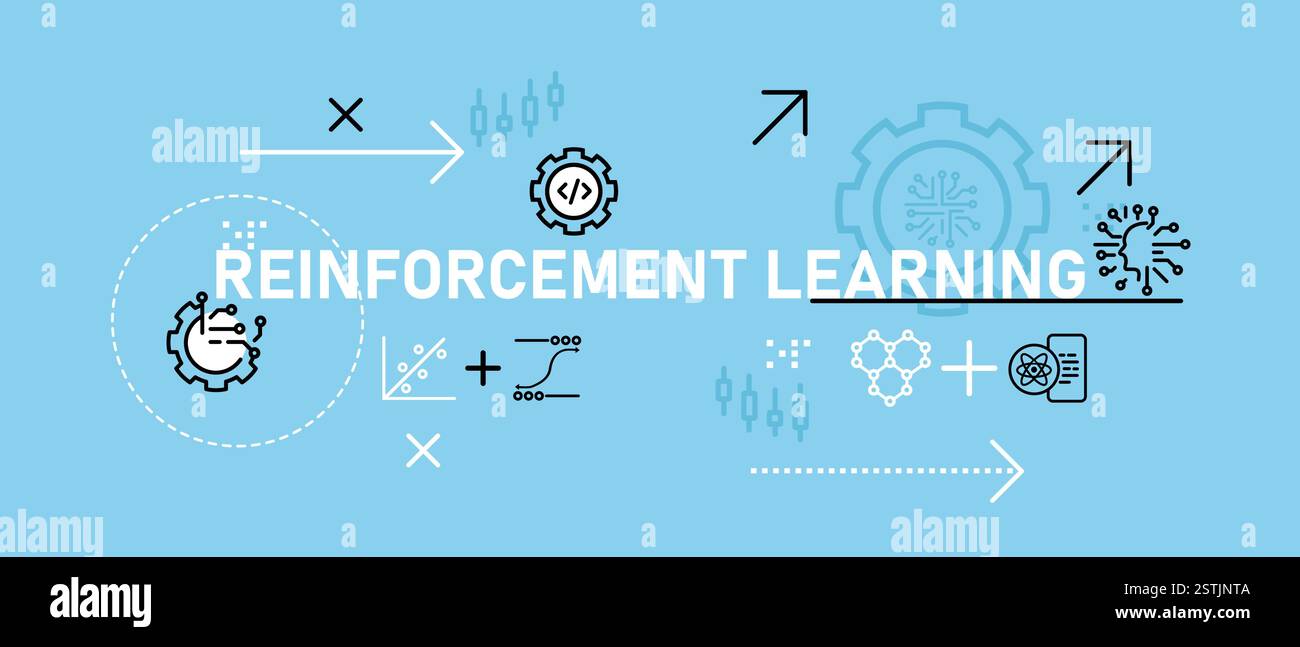 Apprendimento rafforzato tecnologia intelligente formazione automatica adattamento di algoritmi sistema di dati intelligenza artificiale intelligenza artificiale apprendimento sviluppo elaborazione icona Illustrazione Vettoriale