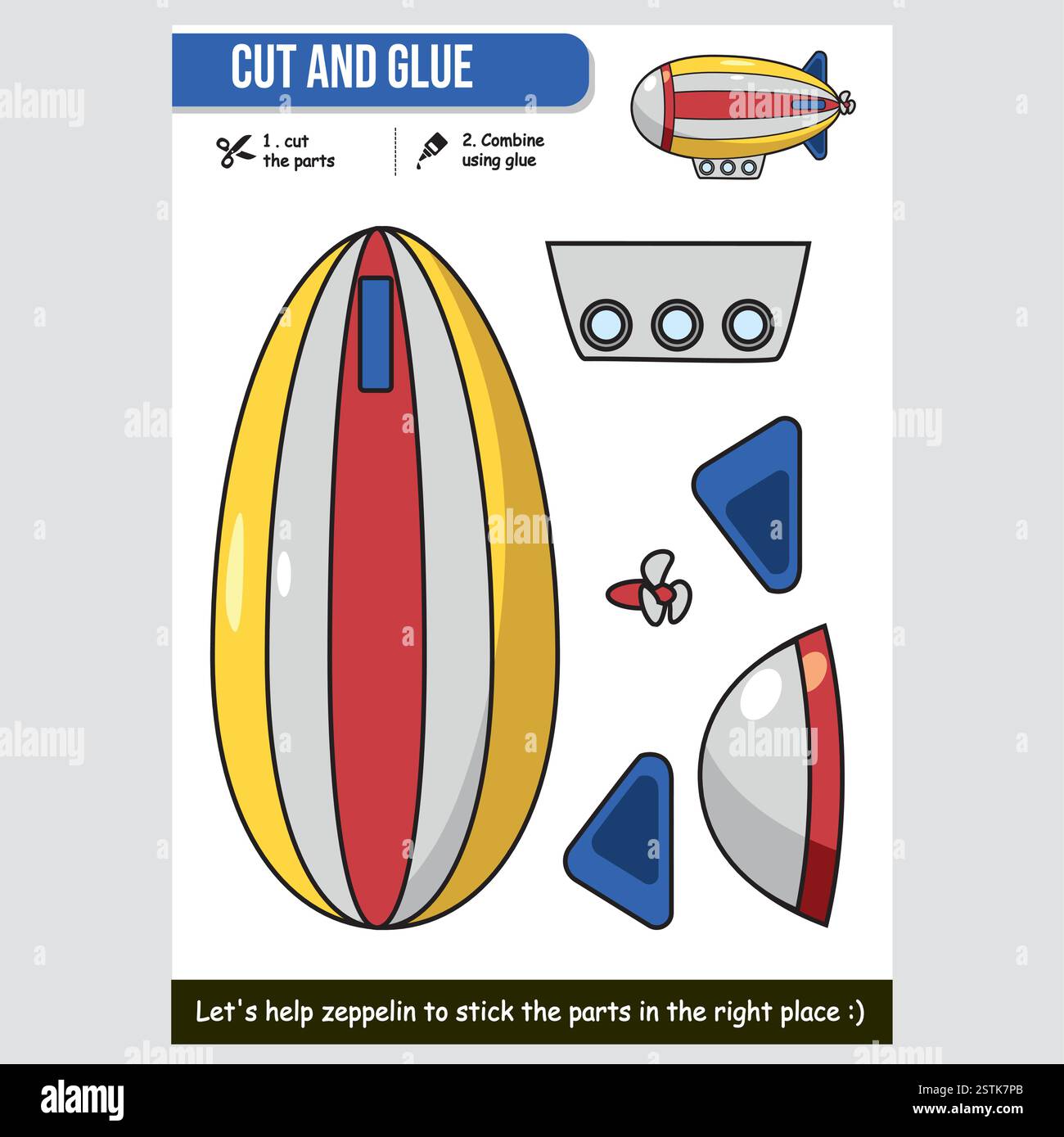 Attività Cartoon zeppelin taglio e incollaggio per bambini foglio di lavoro didattico Illustrazione Vettoriale
