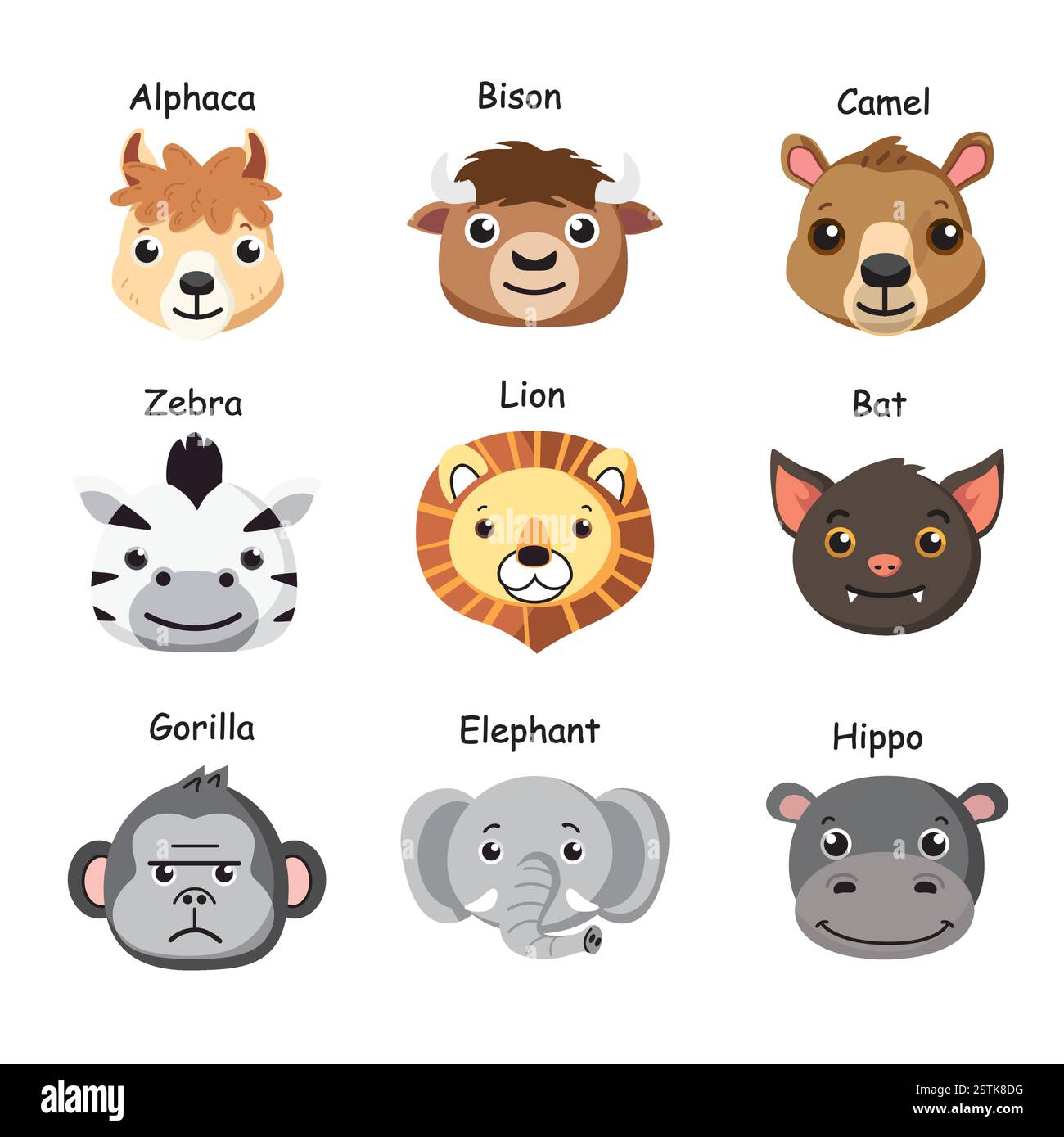 Collezione di icone Kawaii Animal Head. Illustrazioni di mascotte vettoriali carine e amichevoli Illustrazione Vettoriale