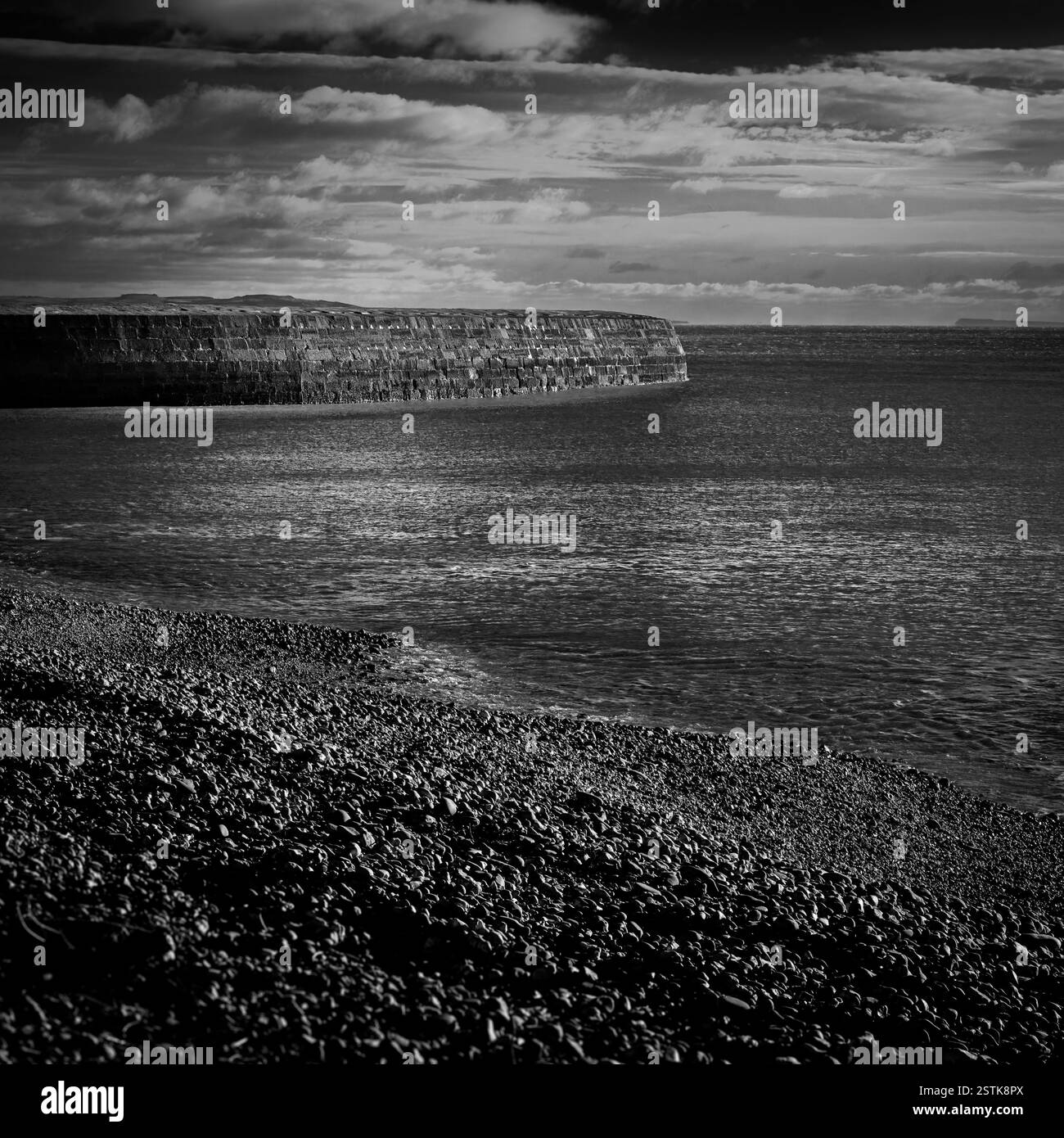 Foto in bianco e nero di un mare calmo, con la spiaggia e le pareti del mare a Lyme Regis sulla Jurassic Coast del Dorset, Inghilterra, Regno Unito Foto Stock