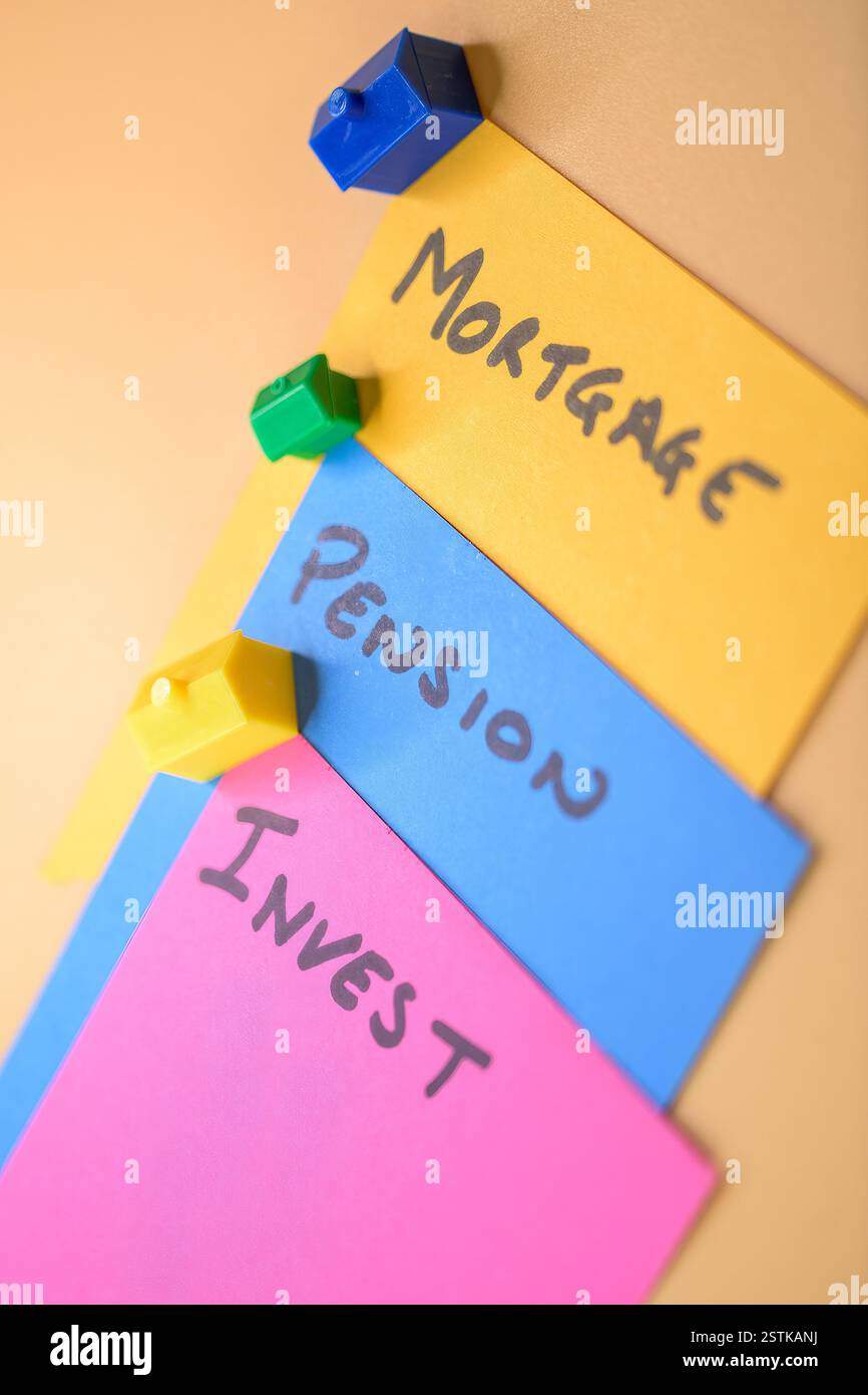 Tre note colorate intitolate mutuo, pensione e investimento ancorate a piccole figure di casa Foto Stock