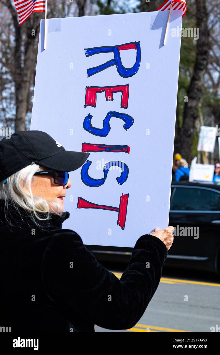 Una donna porta un cartello di resistenza alle auto che guidano dalla protesta "Not My President" per la strada fuori dal Campidoglio dello stato. Foto Stock