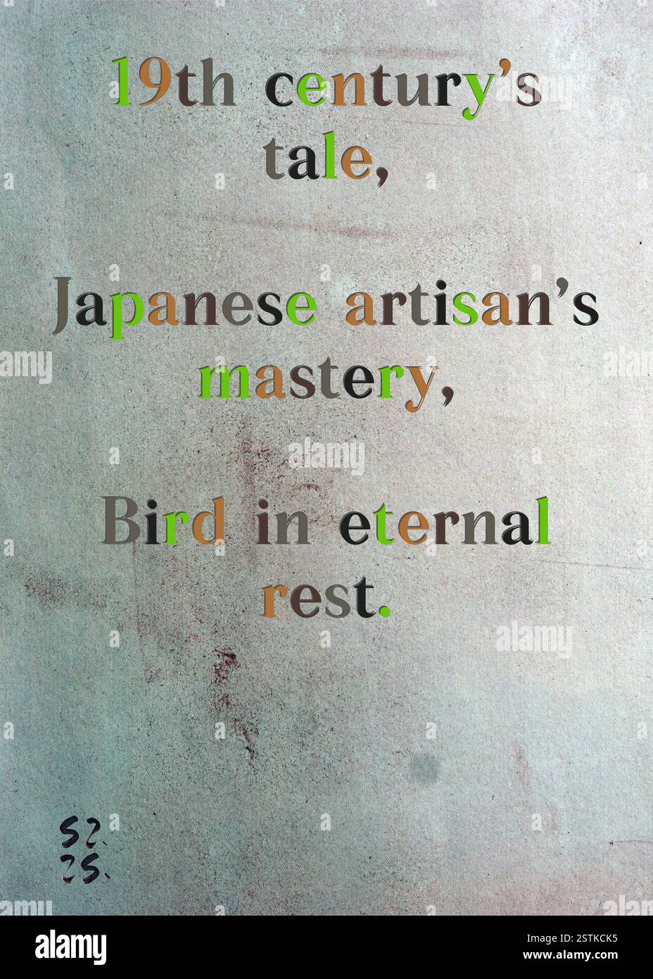 La storia del XIX secolo, la maestria dell'artigiano giapponese, Bird in Eternal Rest. La Gilda degli scrittori d'argento di Frank Donovan. Arte di Zsuzsa Szikra. Poetry Art Print, Triplumes è una forma poetica unica ispirata al tradizionale haiku, composta da tre righe che catturano momenti di chiarezza, emozione e approfondimento. Nella nostra collezione abbracciamo la libertà del linguaggio, dove la fusione delle parole e la rimozione dei trattini è più di una scelta stilistica: È un modo per trasmettere unità e vicinanza tra le idee, creando un'espressione fluida e compatta che risuona con i ritmi della vita moderna. Foto Stock