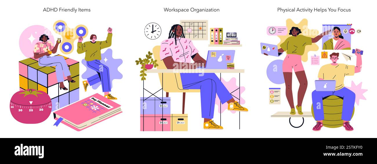 Set di illustrazioni ADHD. Visualizza gli elementi e le strategie per migliorare la concentrazione e l'organizzazione per le persone con ADHD. Presenta strumenti per la produttività, la progettazione dell'area di lavoro e l'incoraggiamento all'attività fisica. Illustrazione vettoriale. Illustrazione Vettoriale