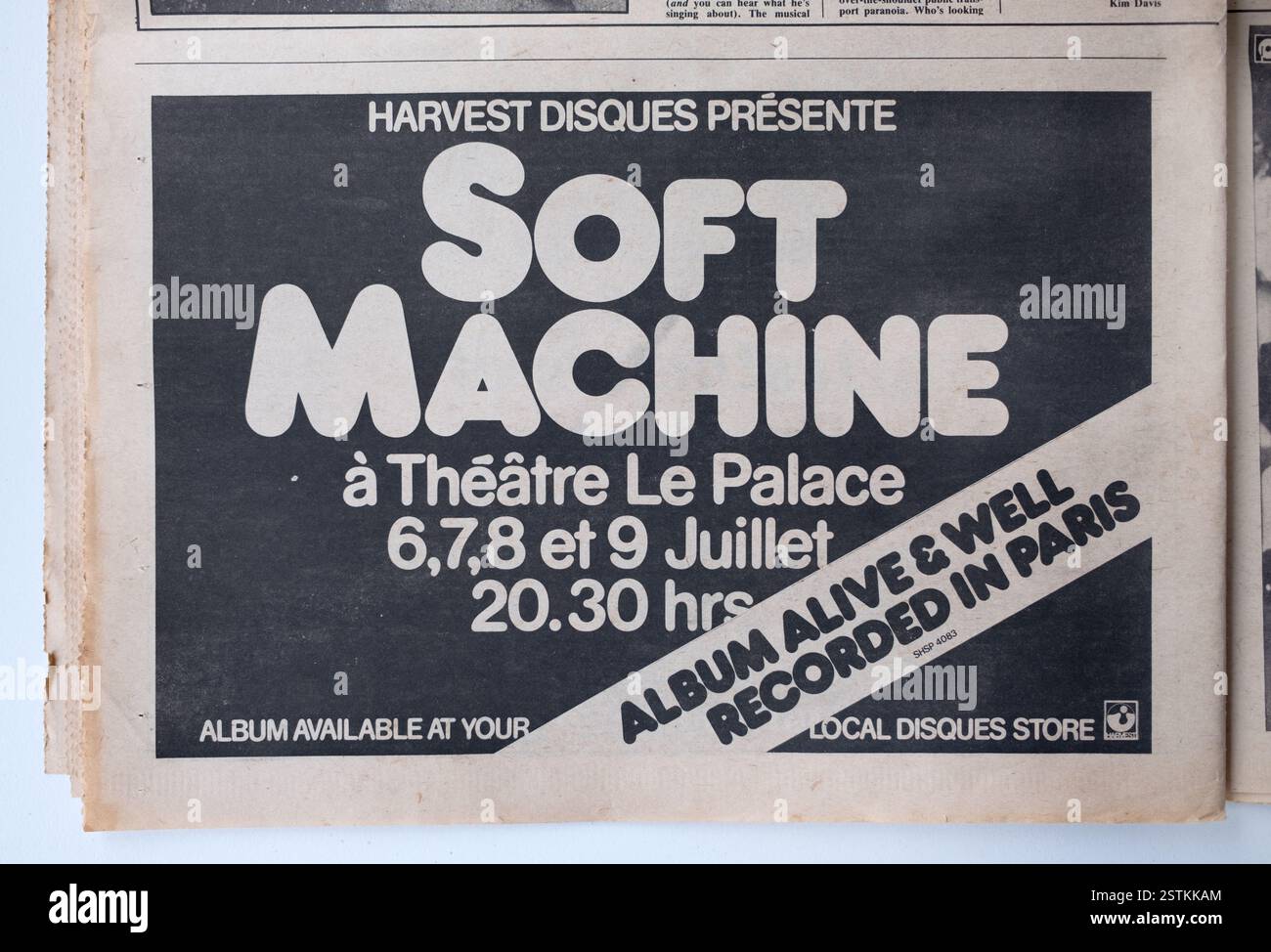 Pubblicità in un numero Vintage anni '1970 del New Musical Express NME per Soft Machine album Live a Parigi Foto Stock