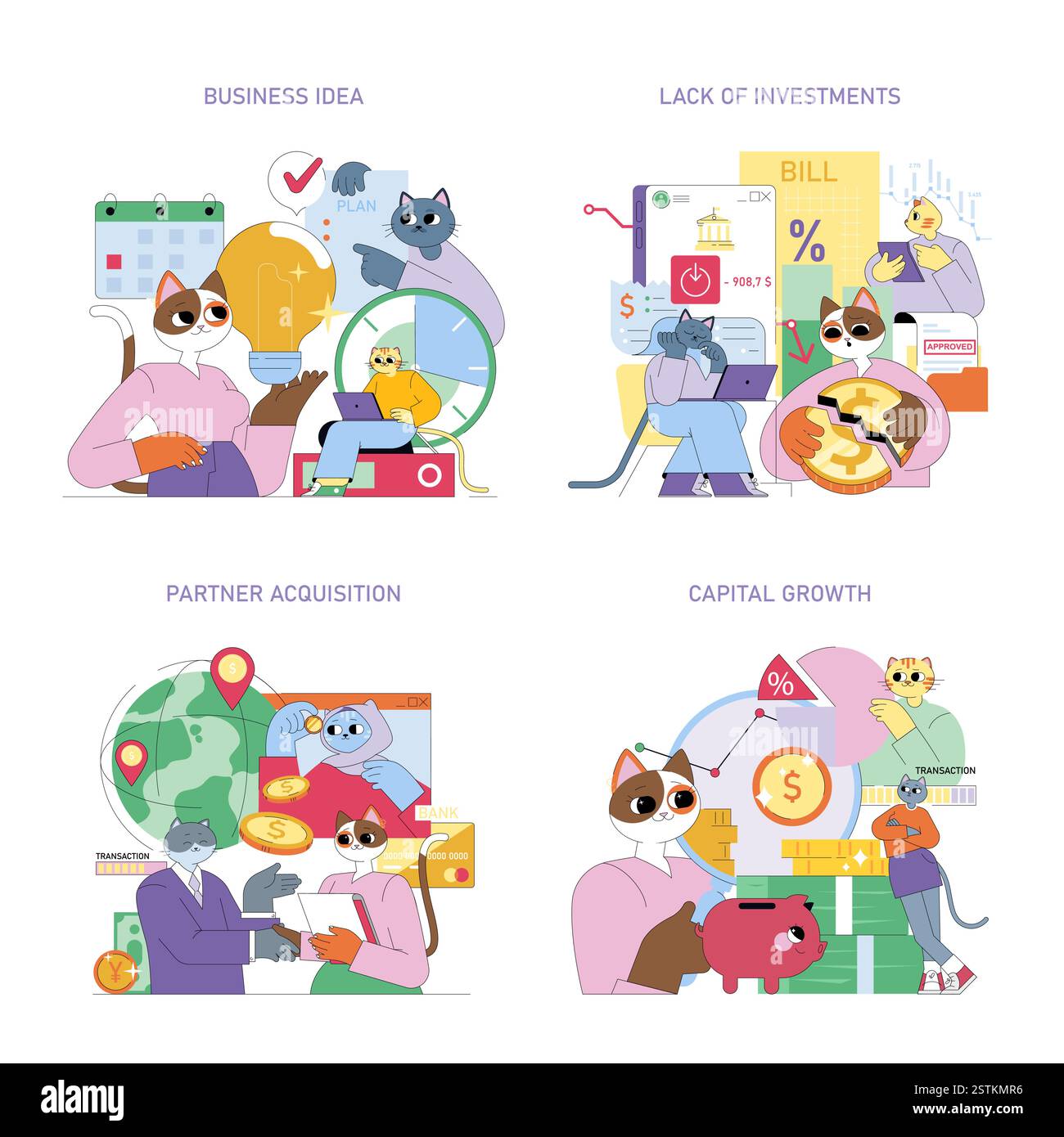 Concetti di business illustrati attraverso l'interazione dei personaggi dei gatti in vari scenari. Le immagini affrontano la pianificazione, le sfide di investimento, i rapporti di partnership e le strategie di crescita. Rappresenta in modo efficace il mondo dinamico dell'imprenditorialità. Illustrazione vettoriale. Illustrazione Vettoriale