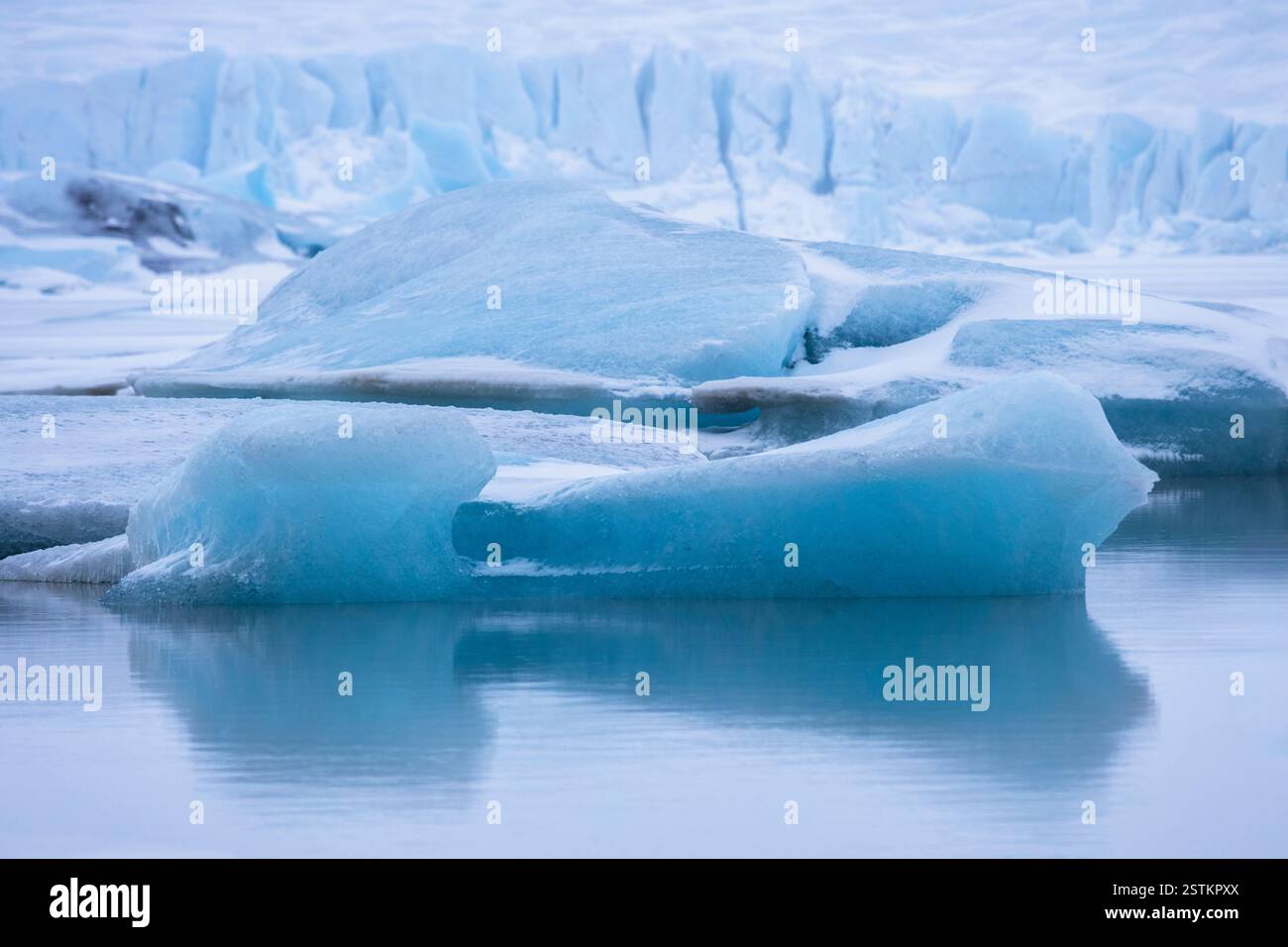 Vista del ghiacciaio e della laguna di Svínafellsjökull. Svínafellsjökull, Islanda orientale, Islanda, Europa settentrionale. Foto Stock