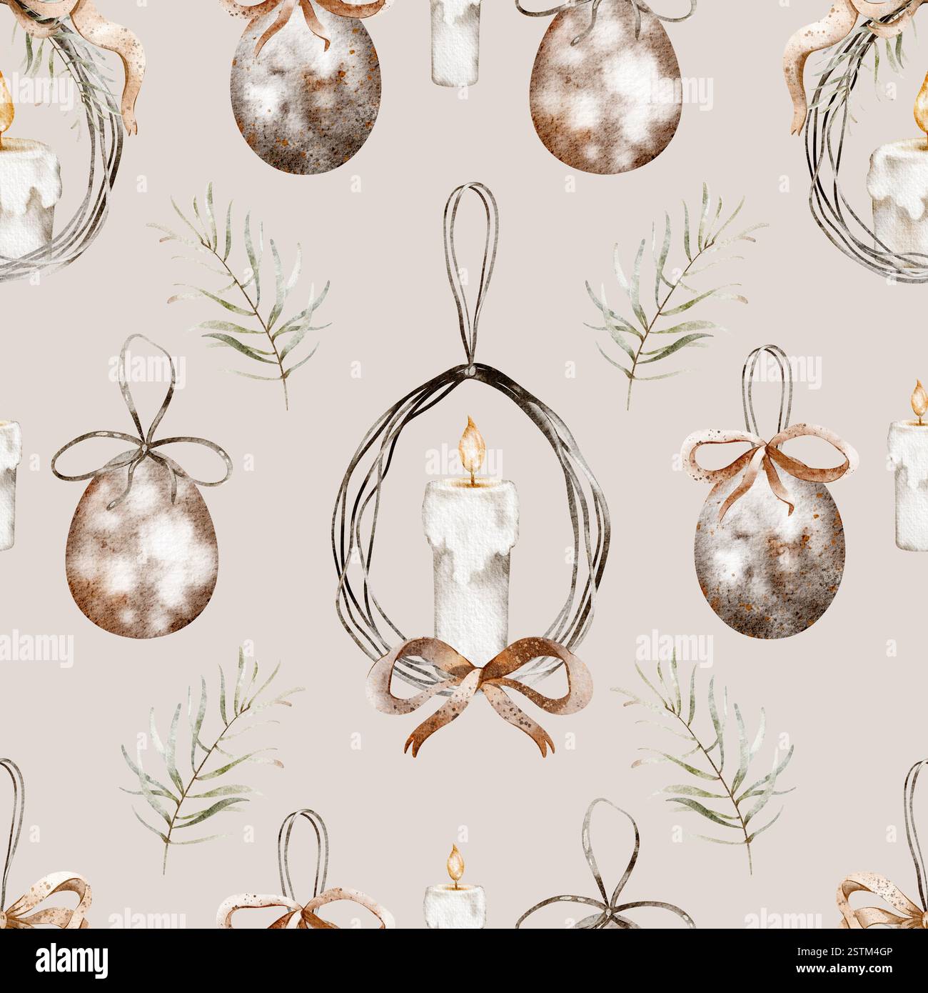 Candele di Pasqua senza cuciture. Sfondo religioso acquerello per tessuti per le feste o carta da imballaggio. Design per i prodotti e la carta da parati di Pasqua. Foto Stock