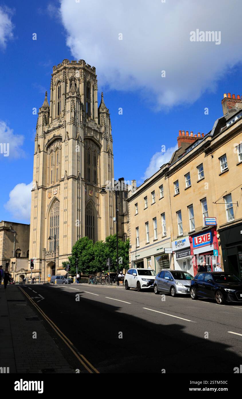 Park Street e Will's Memorial Tower dell'Università di Bristol, Bristol, Inghilterra. Foto Stock