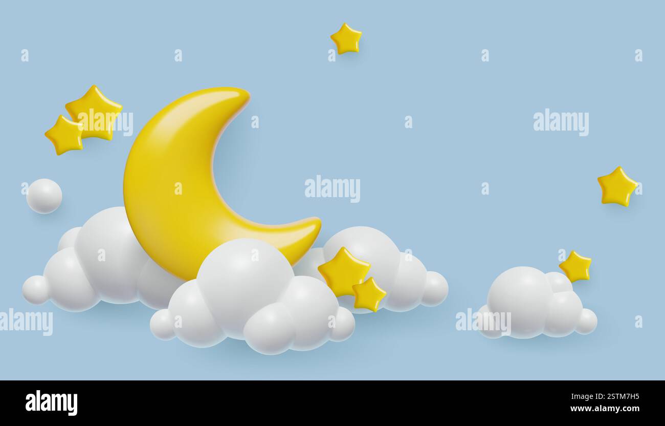 3d Crescent Moon Stars and Clouds notte dorme sullo sfondo in un simpatico stile di plastica per bambini Illustrazione Vettoriale