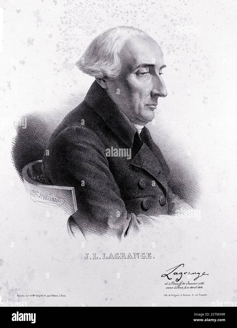 Joseph Louis Lagrange. Litografia di Z. Belliard, 1830. Joseph-Louis Lagrange, originariamente chiamato Giuseppe Luigi Lagrangia o Giuseppe Ludovico De la Grange Tournier, nacque il 25 gennaio 1736 e in seguito divenne cittadino francese naturalizzato. Matematico, fisico e astronomo, ha svolto un ruolo chiave nell'avanzamento dell'analisi, nella teoria dei numeri e nella meccanica sia classica che celeste. Foto Stock