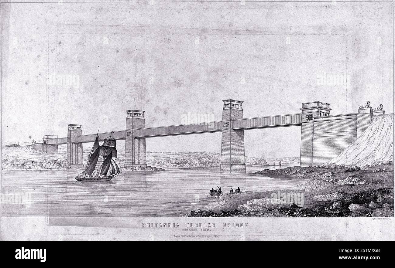 Ponte tubolare Britannia, completato nel 1850. Il Britannia Bridge (in gallese Pont Britannia) è una struttura del Galles che attraversa lo stretto di Menai, collegando l'isola di Anglesey alla città di Bangor. Originariamente concepito e costruito dal famoso ingegnere ferroviario Robert Stephenson, è stato progettato come un ponte tubolare con campate rettangolari in ferro battuto per ospitare il traffico ferroviario. Il ponte giocò un ruolo vitale nella Chester and Holyhead Railway, permettendo il viaggio diretto in treno tra Londra e il porto di Holyhead, sostenendo così un collegamento marittimo cruciale con Dublino, Irlanda. Foto Stock