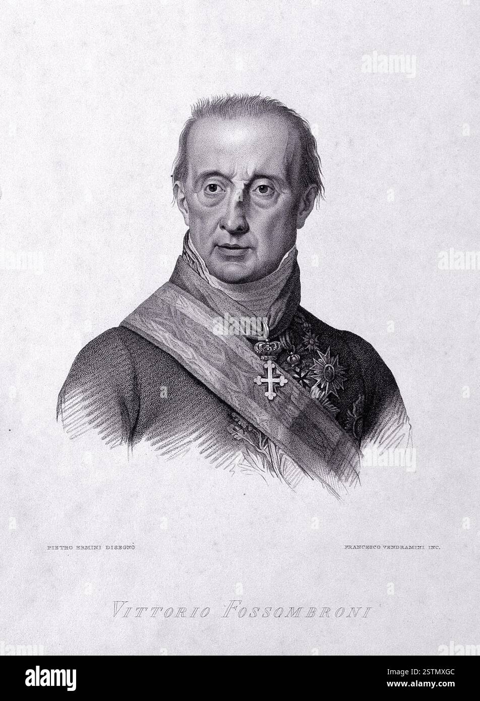 Vittorio Fossombroni. Litografia di F. Vendramini dopo P. Ermini. Vittorio Fossombroni (15 settembre 1754 – 13 aprile 1844) è stato uno statista, matematico, economista e ingegnere del drenaggio italiano. Foto Stock