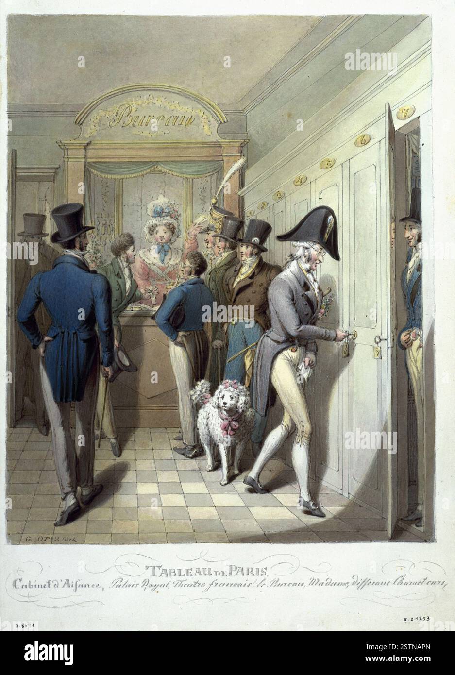 Le cabinet d'aisance au Palais Royal (titolo artificiale) Opiz ou Opitz, George Emmanuel (Praga, 10–04–1775 - Lipsia, 12–07–1841), dessinateur EN 1831 Scène de Genre. Scène d'intérieur Parigi, Palais-Royal , Teatro francese , Gabinetto d'Aisance . Personnages un homme pénètre dans le cabinet d'aisance par la porte située à gauche du Bureau , derrière le comptoir duquel se tient une femme. Elle tend une clef à un homme tout en lui indiquant les toilettes en tenant des feuilles de papier. Quatre hommes observent la scène. Les toilettes, à droite sont numérotés de 1 à 7. Un homme, accompagné de son Foto Stock