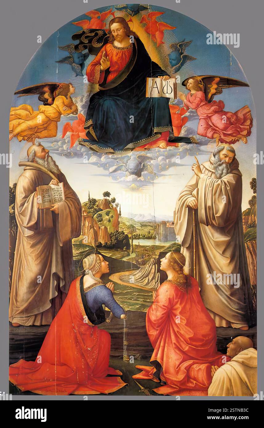 GHIRLANDAIO, Domenico (B. 1449, Firenze, d. 1494, Firenze) Cristo in cielo con i quattro Santi e un donatore c 1492 Tempera su legno, 308 x 199 cm Pinacoteca Comunale, Volterra il donatore dalla testa calva con il profilo suggestivo prende umilmente il suo posto tra i santi che adorano Cristo. Questi sono disposti in una simmetria rigida. Due santi femminili del posto in rosso brillante si inginocchiano, viste da dietro, in primo piano. I due santi maschi, simili al punto di confusione, sono in piedi come colonne su entrambi i lati. La pala d'altare fu dipinta per l'abate camaldolita Buonvicini della Badia di Foto Stock