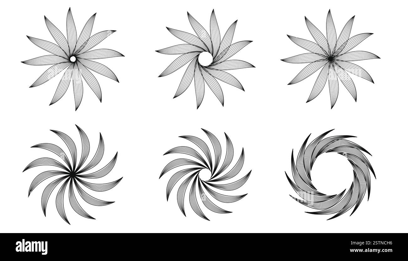 Una collezione di motivi di mandala astratti con disegni ispirati alla botanica creati utilizzando linee omogenee. Queste forme intricate sono perfette per d Illustrazione Vettoriale