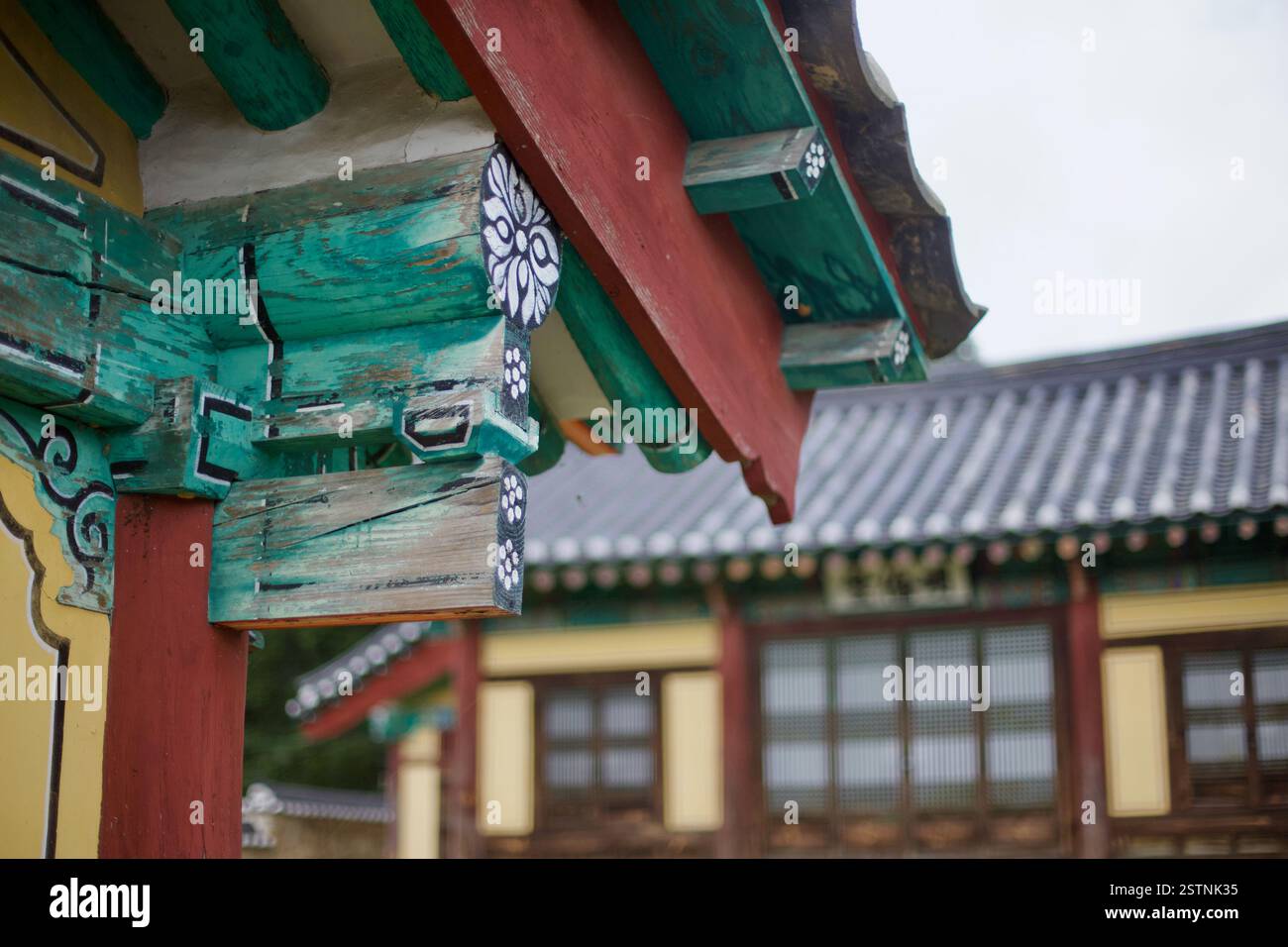 Contea di Goesan, Corea del Sud - 10 settembre 2020: Primo piano delle vivaci grondaie di legno di Yeonpung Hyanggyo, che mostrano la tradizionale architettura coreana Foto Stock
