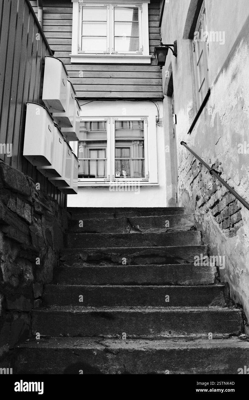 Una pittoresca immagine in bianco e nero che mostra una scala in pietra che conduce ad un'invitante finestra al piano superiore adornata con cassette postali, che mette in risalto un sens Foto Stock