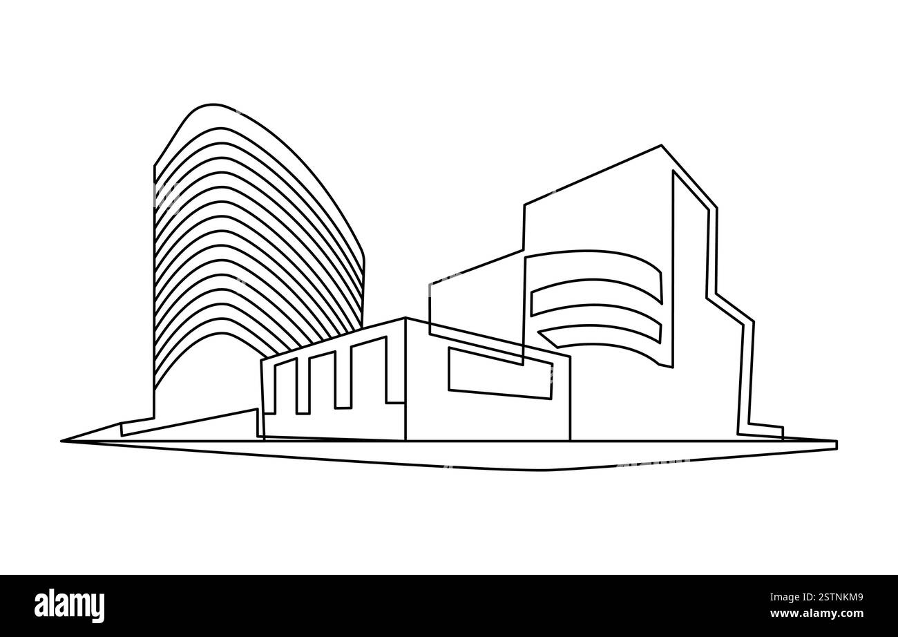 Casa a tetto piatto o edificio commerciale in stile disegno artistico a linea continua, edificio artistico a linea unica continua Illustrazione Vettoriale