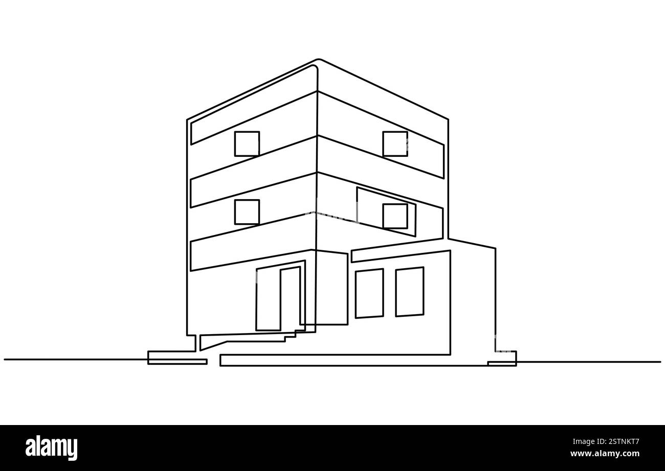Casa a tetto piatto o edificio commerciale in stile disegno artistico a linea continua, edificio artistico a linea unica continua Illustrazione Vettoriale