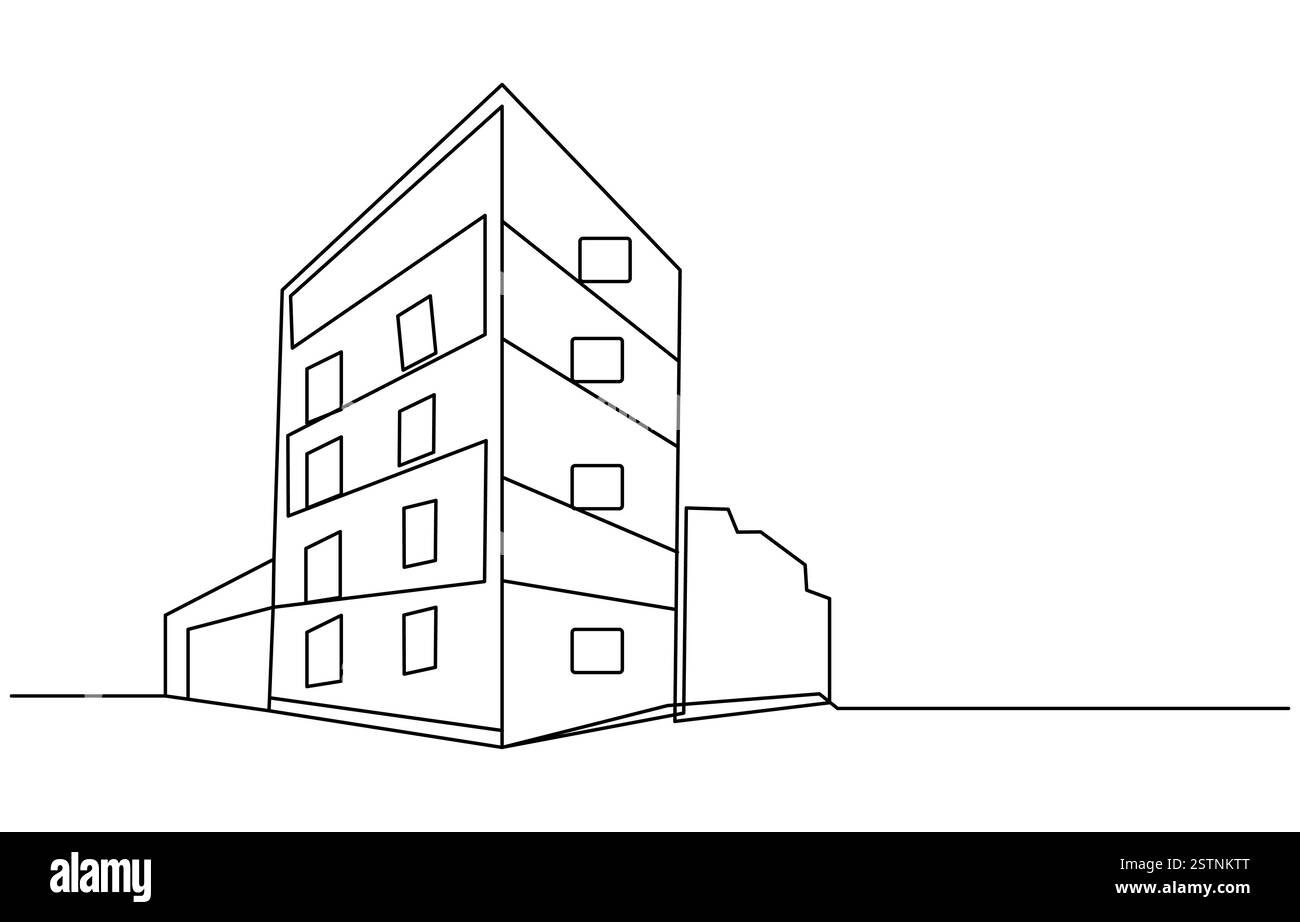 Casa a tetto piatto o edificio commerciale in stile disegno artistico a linea continua, edificio artistico a linea unica continua Illustrazione Vettoriale