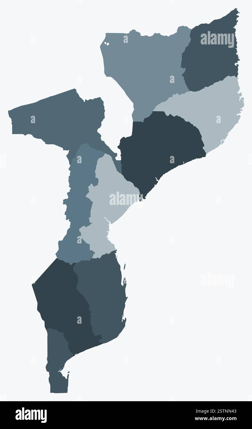 Mappa del Mozambico con le regioni. Solo una semplice mappa di confine con la divisione della regione. Tavolozza dei colori blu/grigio. Illustrazione Vettoriale