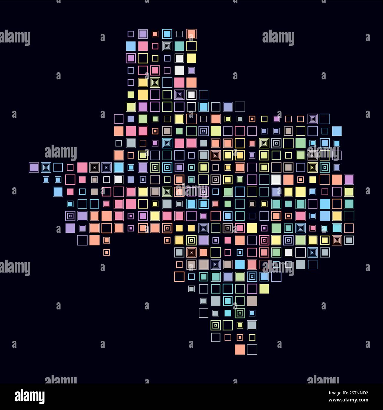 Texas, forma dello stato costruito con celle colorate. Mappa digitale del Texas su sfondo scuro. Blocchi quadrati di grandi dimensioni. Illustrazione Vettoriale