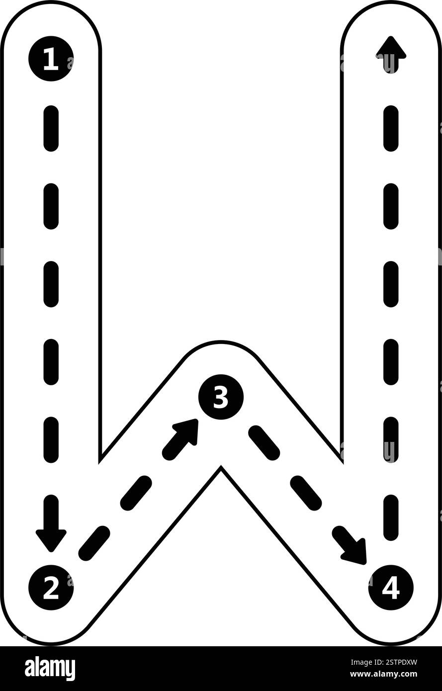 Traccia lettera alfabetica W, prescrittura maiuscola elemento linea tratteggiata per l'asilo, foglio di lavoro per bambini in età prescolare per attività di scrittura a mano. Illustrazione Vettoriale