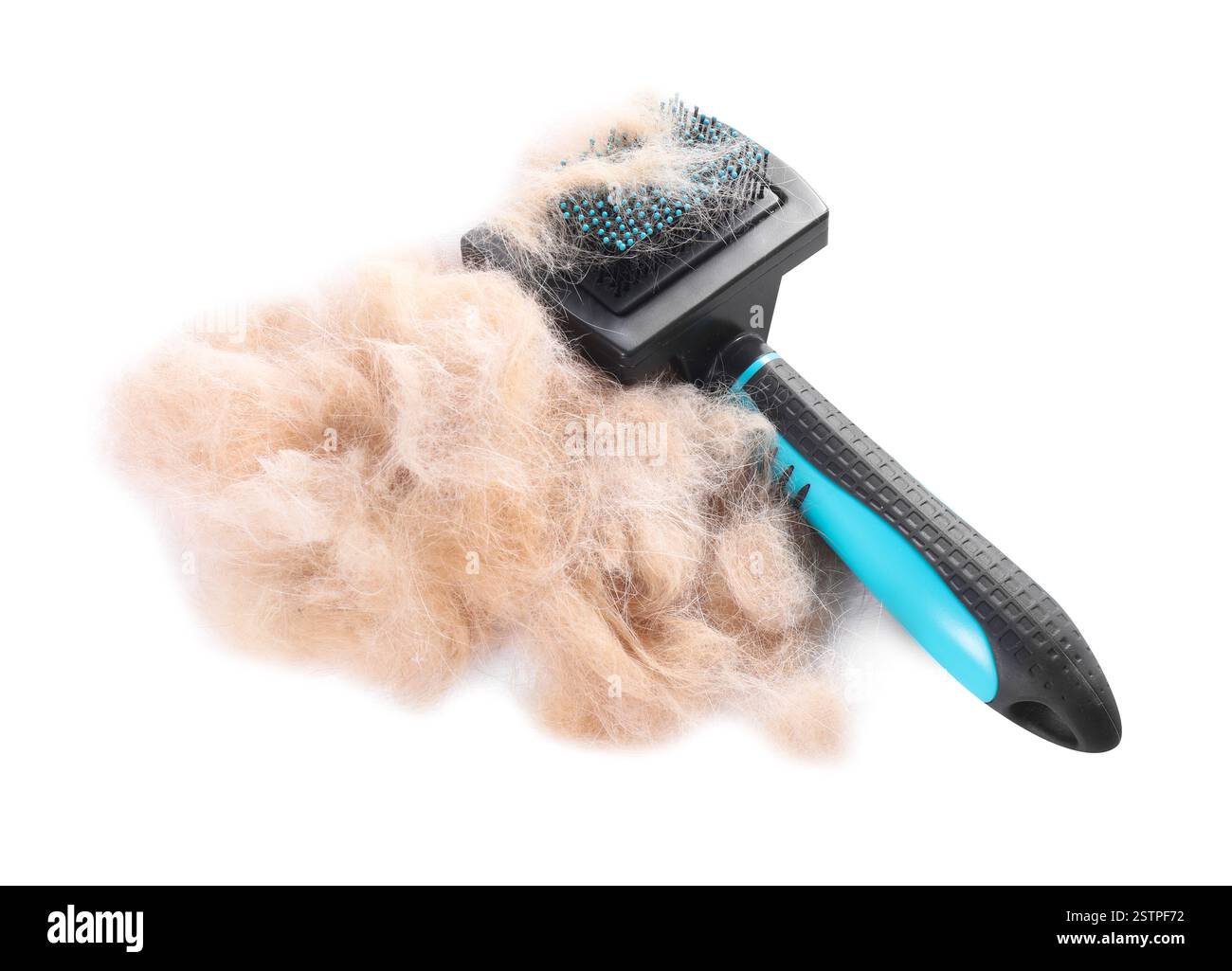 Spazzola per la cura del corpo e mucchio di peli di animali isolati su bianco Foto Stock