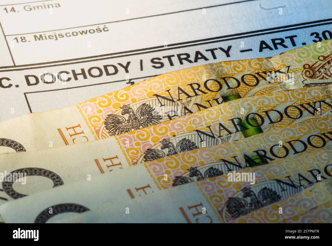 I moduli dettagliati di tassazione dei pozzi polacchi insieme alle note zloty riflettono gli obblighi finanziari annuali degli individui in Polonia oggi. Foto Stock