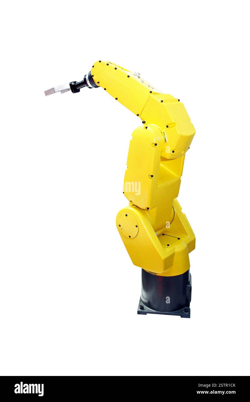 Il giallo il braccio robotico Foto Stock