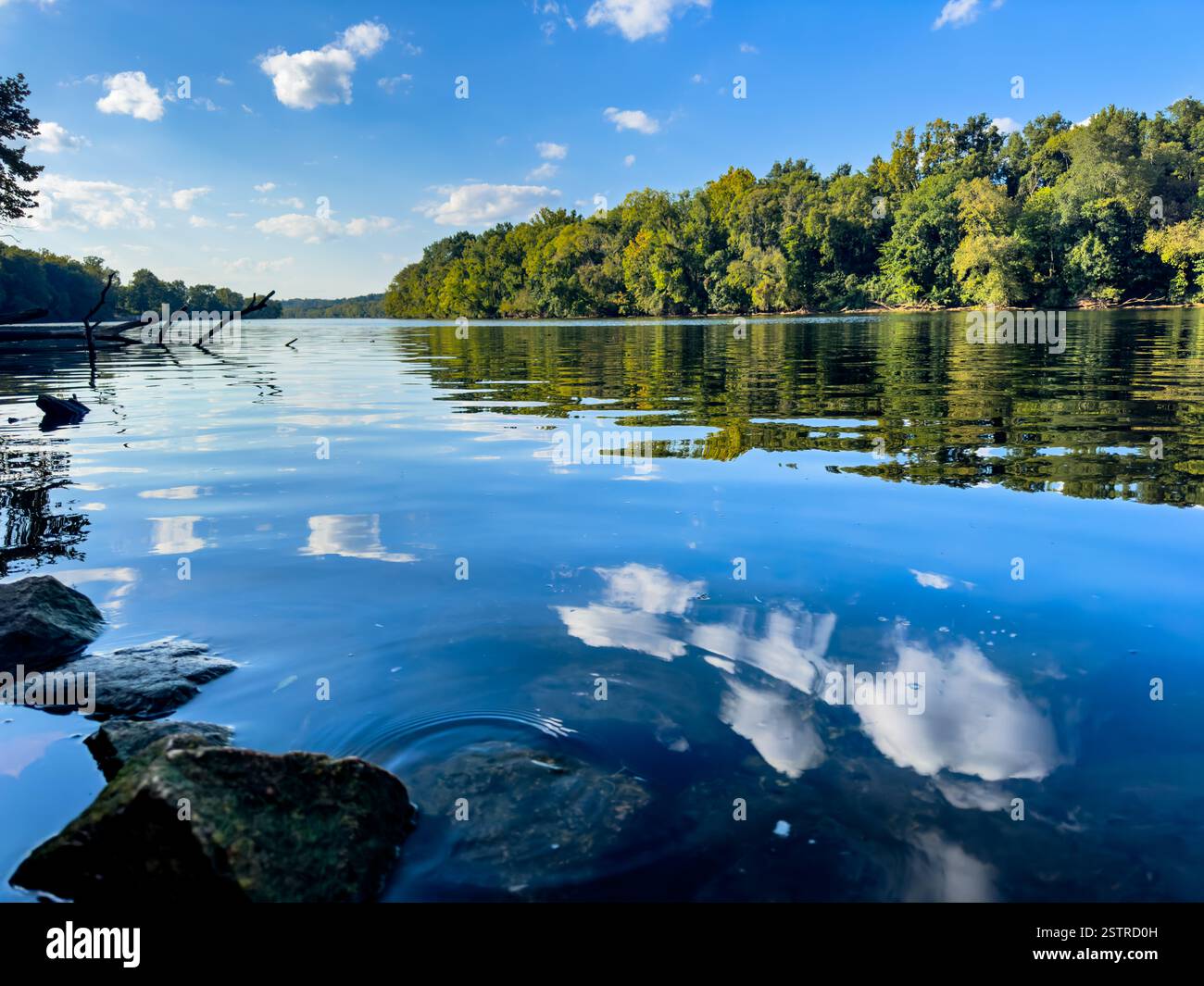 Acque calme del James River che riflettono nuvole e foresta fluviale a Richmond, Virginia, USA. Foto Stock