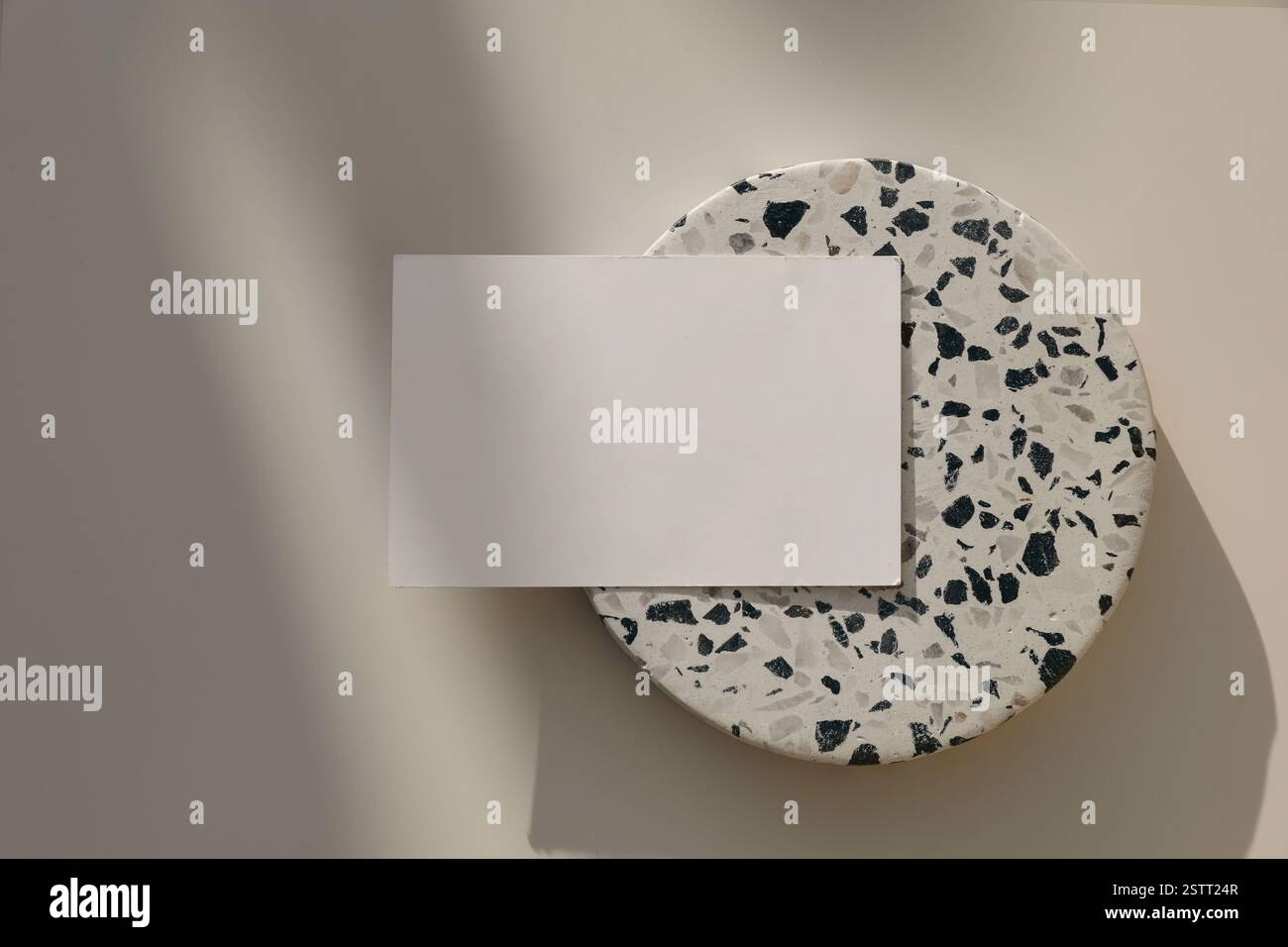 Biglietto di auguri orizzontale vuoto, modello di invito. Biglietto da visita alla luce del sole. Mattonelle di terrazzo in pietra rotonda bianca nera, piatto di podio. Tavolo beige Foto Stock