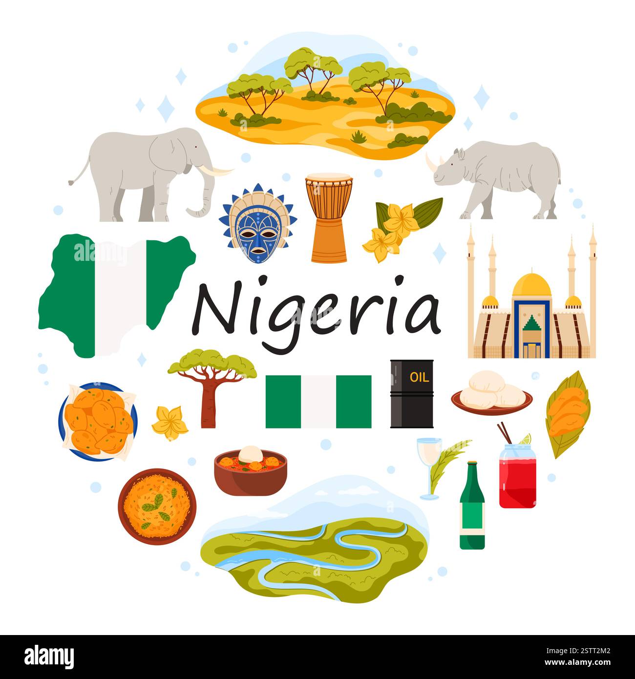 Elementi di viaggio della Nigeria e simboli culturali in un banner infografico rotondo con titolo. Cibo tradizionale e cocktail tropicali, natura, bandiera e mappa del paese in illustrazione vettoriale di cartoni animati Illustrazione Vettoriale