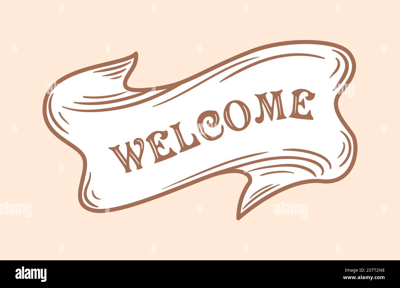 Benvenuto, il modello per striscioni a nastro vintage presenta un design affascinante con curve eleganti e un'atmosfera nostalgica. Perfetto per biglietti d'auguri, eventi o de Illustrazione Vettoriale