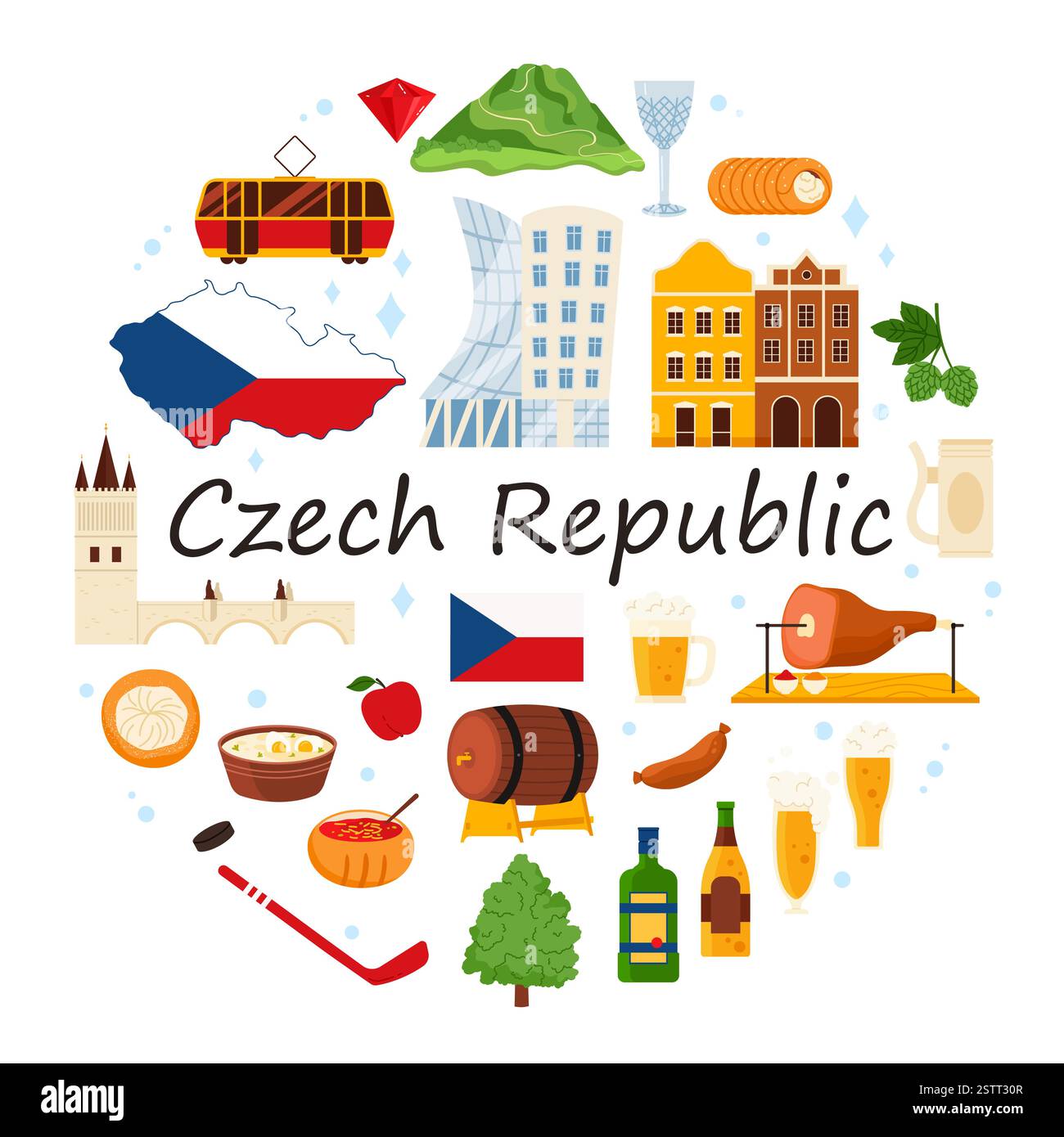 Viaggia in Repubblica Ceca, con elementi culturali e luoghi di interesse in un banner infografico rotondo con titolo. Cibo e birra famosi, Ponte Carlo e Cattedrale nella storica illustrazione vettoriale dei cartoni animati di Praga Illustrazione Vettoriale