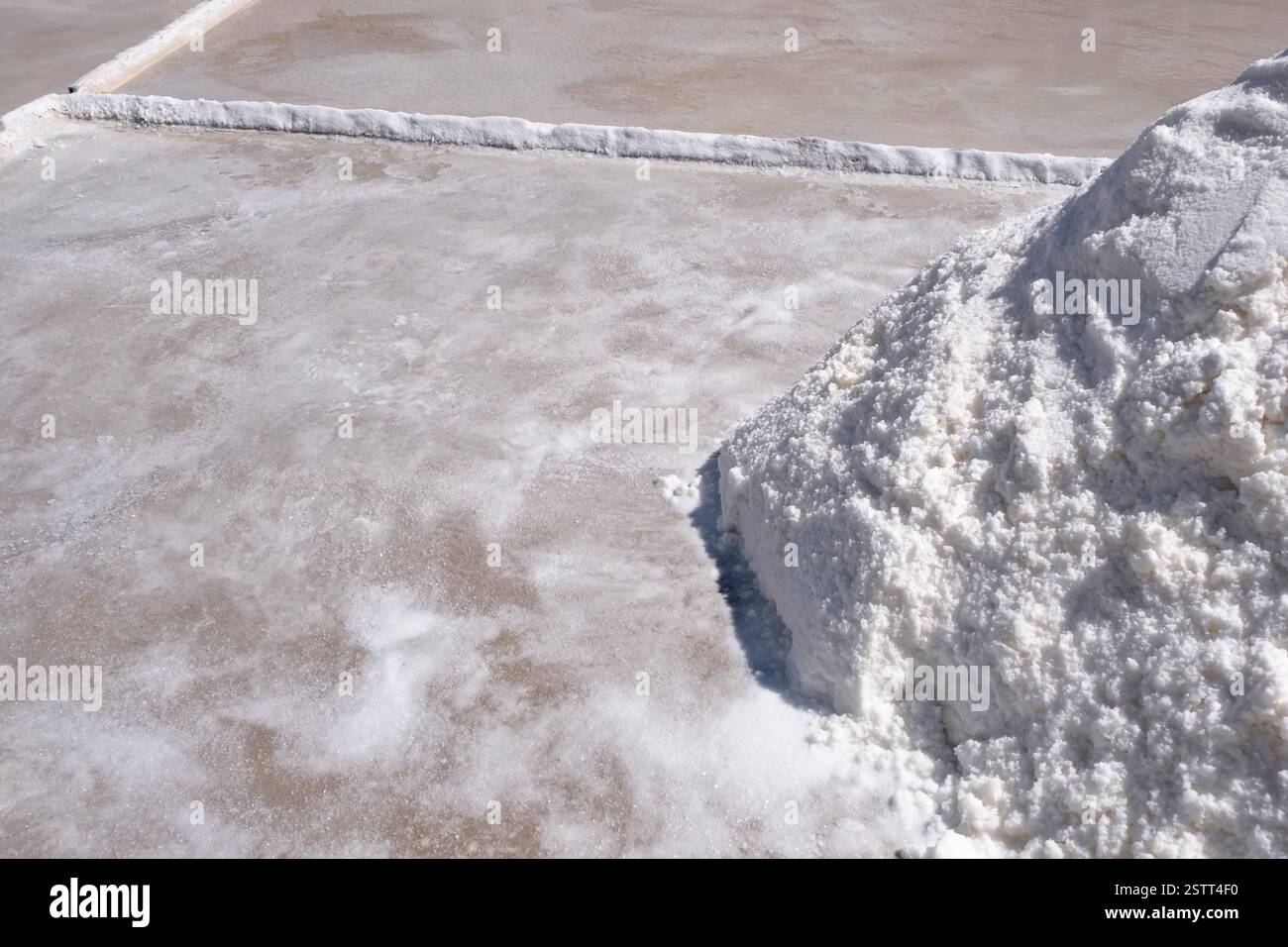 Una grande pila di sale appena raccolto si trova accanto a un laghetto di evaporazione sotto il sole, processo naturale di raccolta del sale, un mucchio di sale nella salina, la S Foto Stock